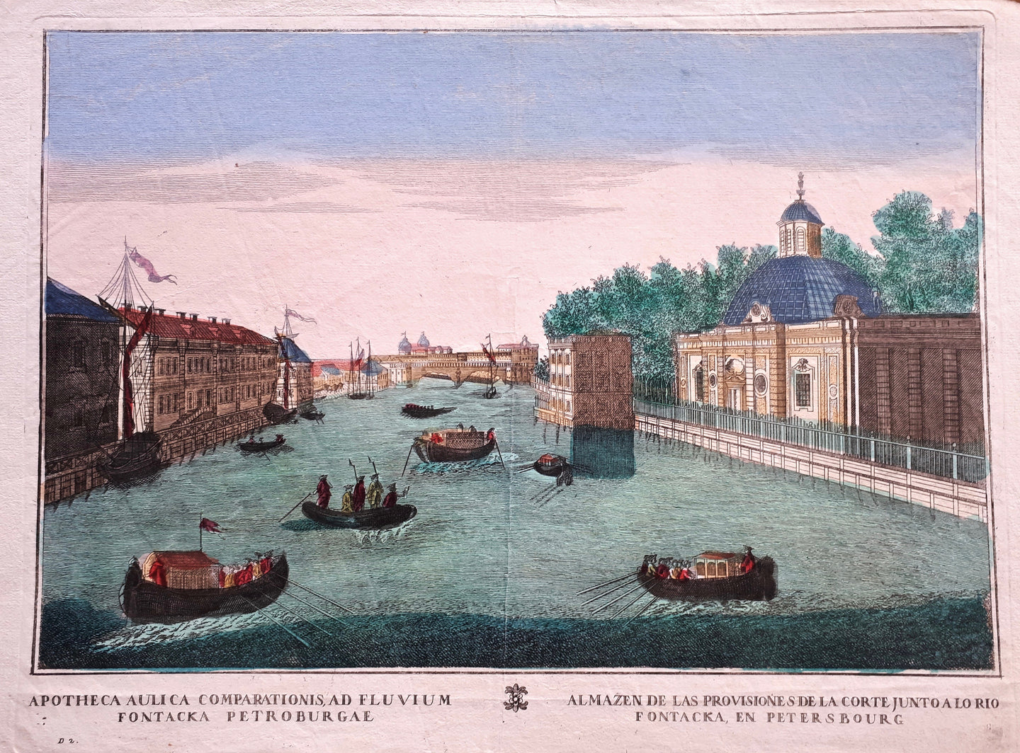 Rusland Sint-Petersburg Gezicht op de Fontanka, riviertje in de Grote Neva-delta en Peter's de Grote zomerpaleis - Remondini - ca. 1770