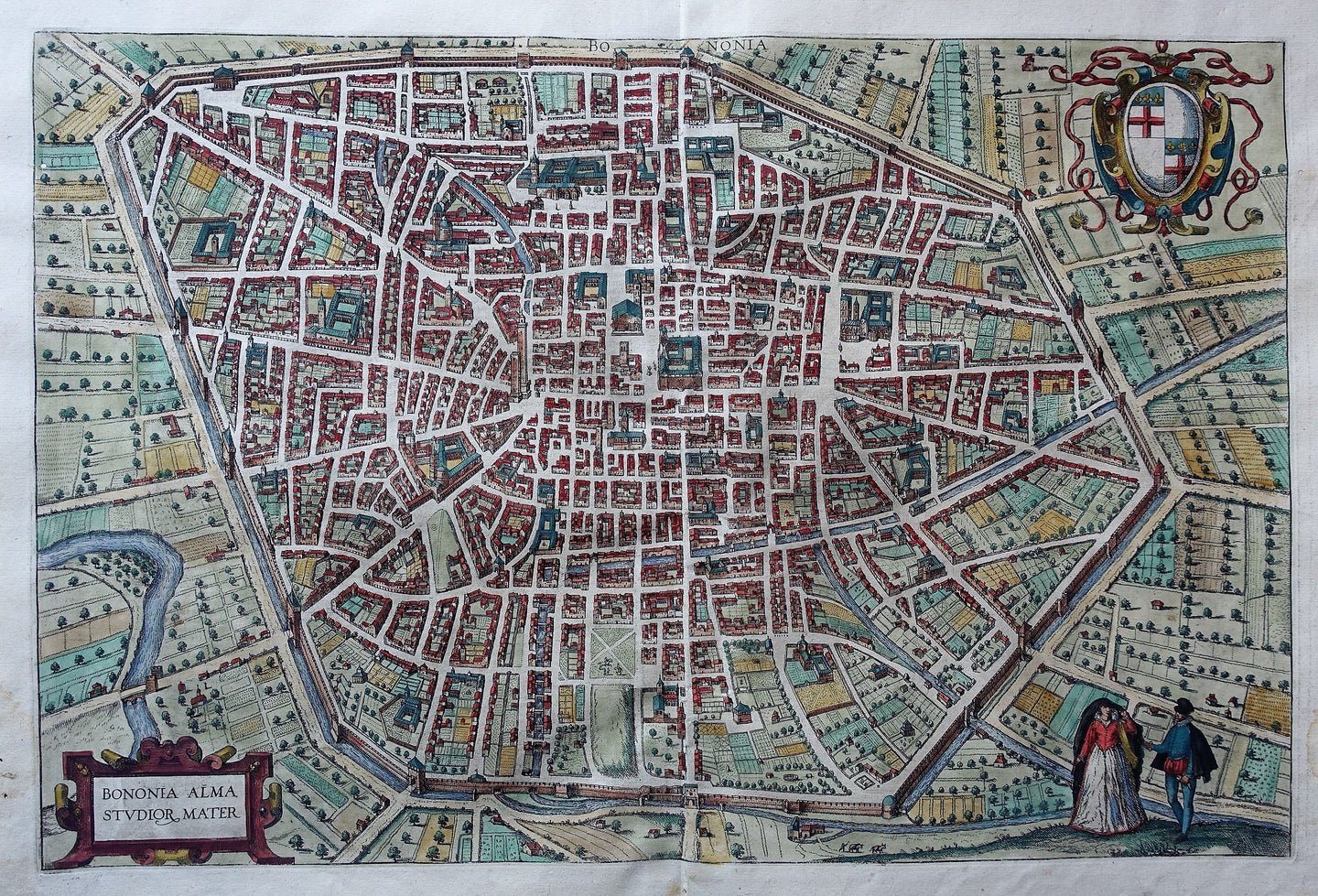 Italië Bologna Stadsplattegrond in vogelvluchtperspectief - G Braun & F Hogenberg - 1588