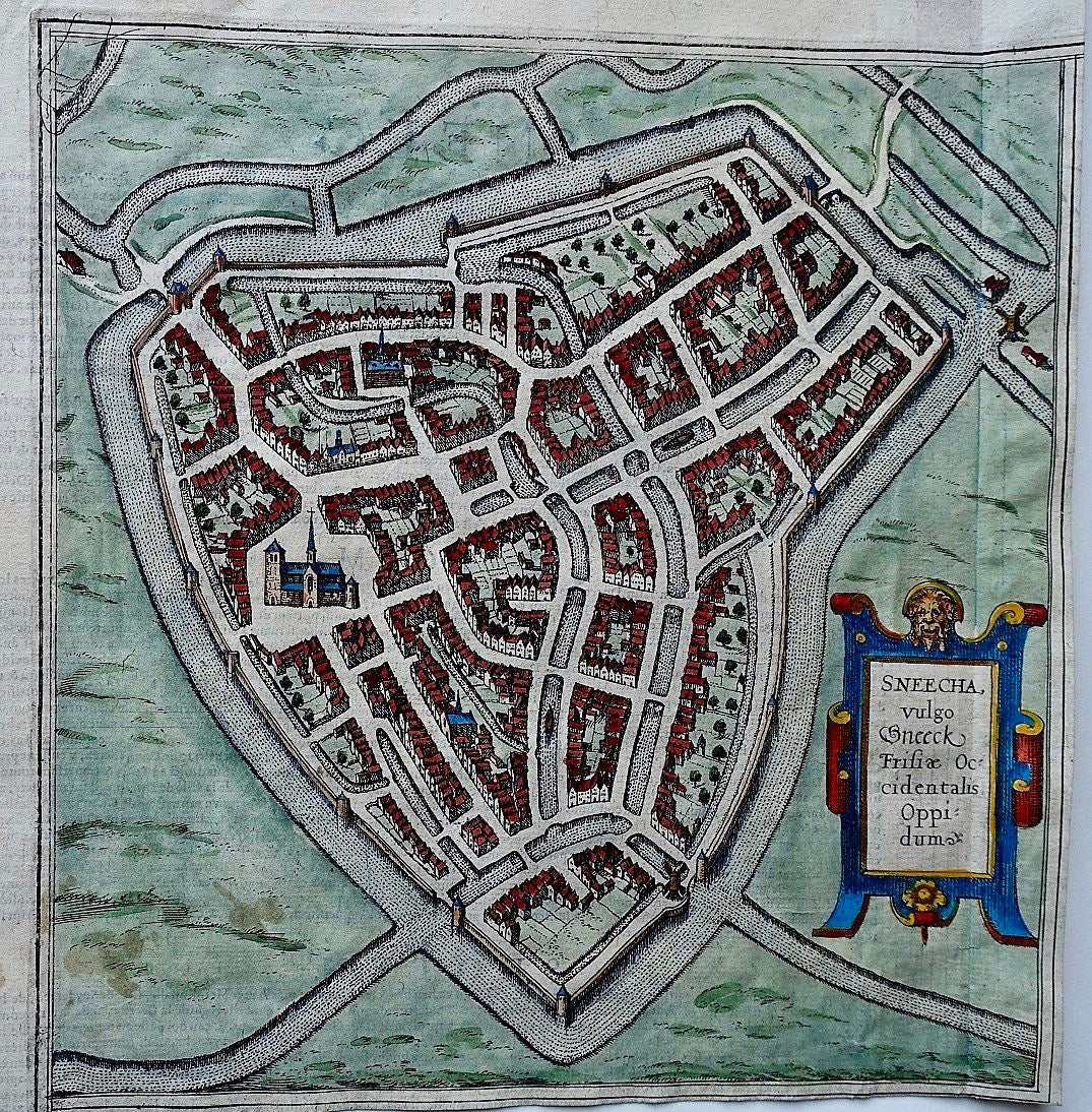 Sneek Stadsplattegrond in vogelvluchtperspectief - G Braun & F Hogenberg - 1588