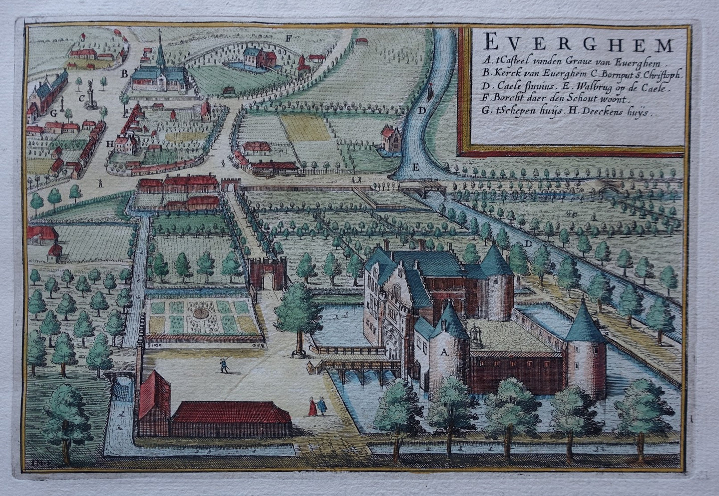 België Evergem Vogelvluchtperspectief van Evergem en het Kasteel van Evergem - J Blaeu - 1649