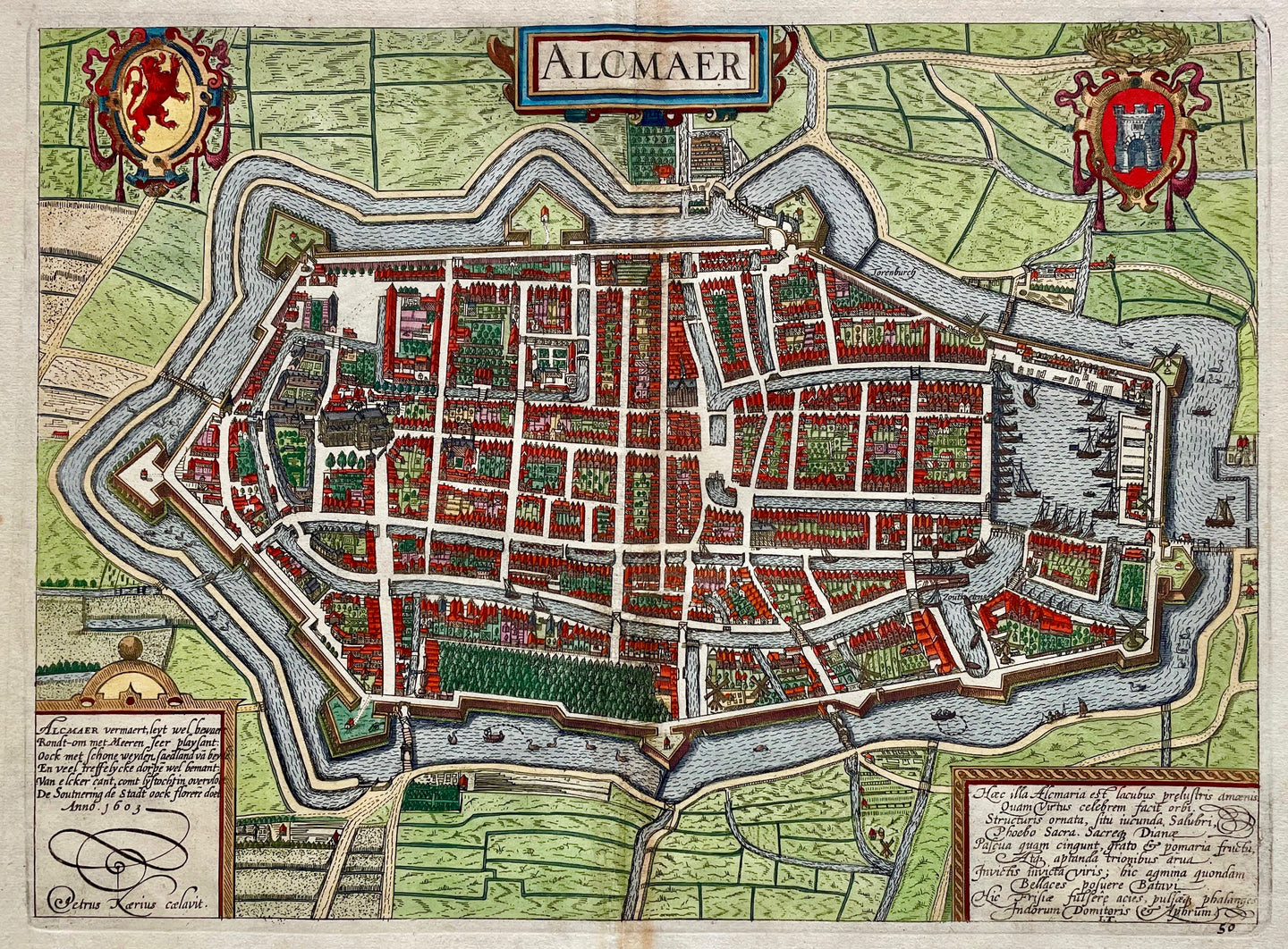 Alkmaar Stadsplattegrond in vogelvluchtperspectief - WJ Blaeu / L Guicciardini - 1613