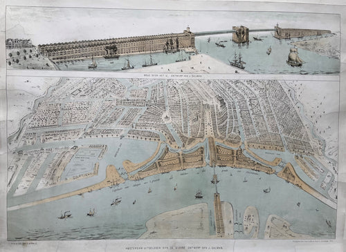 Amsterdam IJ Stadsplattegrond met ontwerp brug over het IJ - J Galman / R de Vries / F Buffa - 1857