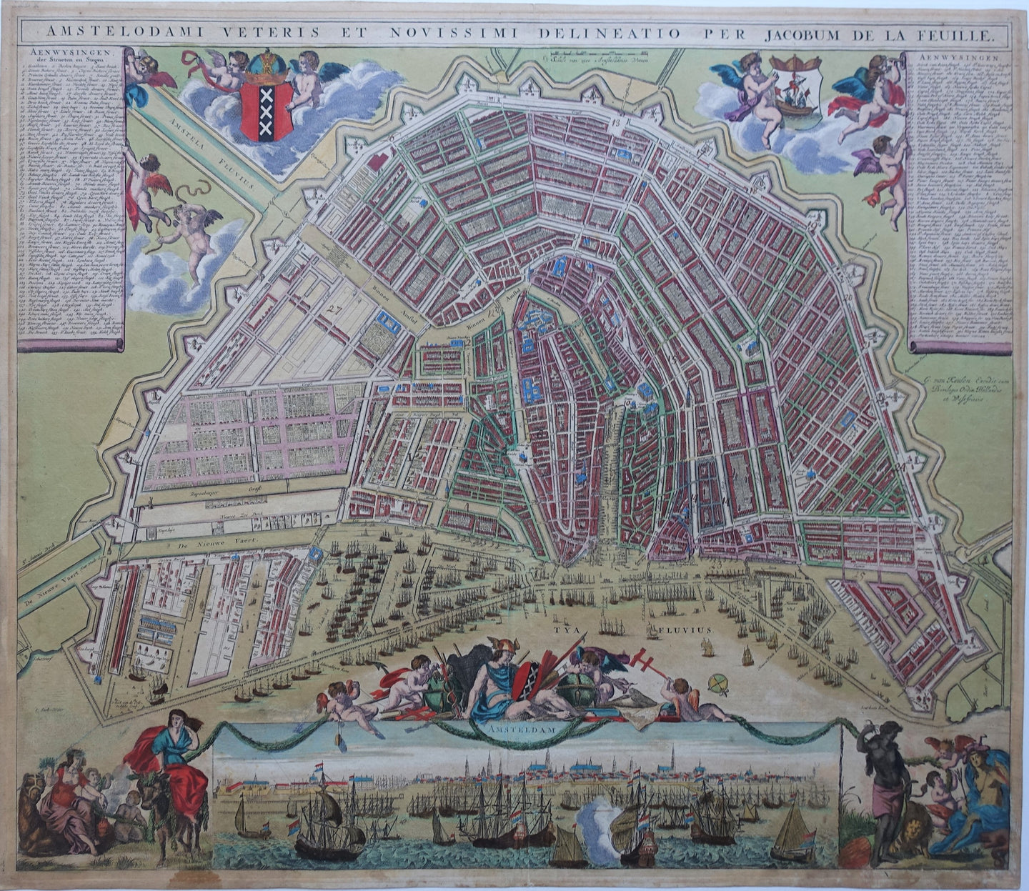 Amsterdam Stadsplattegrond in vogelvluchtperspectief met panorama - Gerard van Keulen - circa 1720