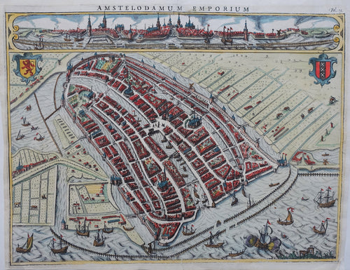 Amsterdam Stadsplattegrond in vogelvluchtperspectief en aanzicht - JI Pontanus / Jodocus Hondius - 1611