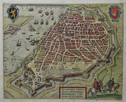 België Antwerpen Stadsplattegrond in vogelvluchtperspectief - F Hogenberg - 1586