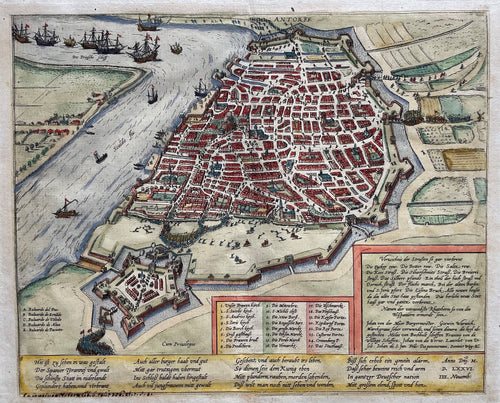 België Antwerpen Stadsplattegrond in vogelvluchtperspectief Belgium - F Hogenberg E van Meteren - 1576