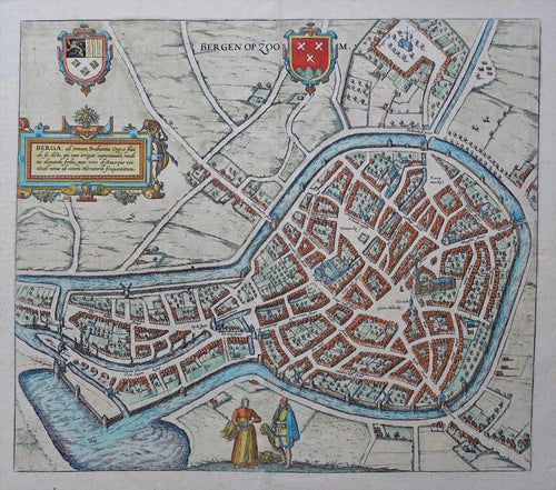 Bergen op Zoom Stadsplattegrond in vogelvluchtperspectief - Braun & Hogenberg - ca. 1585