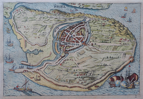 Brielle Stadsplattegrond in vogelvluchtperspectief - WJ Blaeu / L Guicciardini - 1612