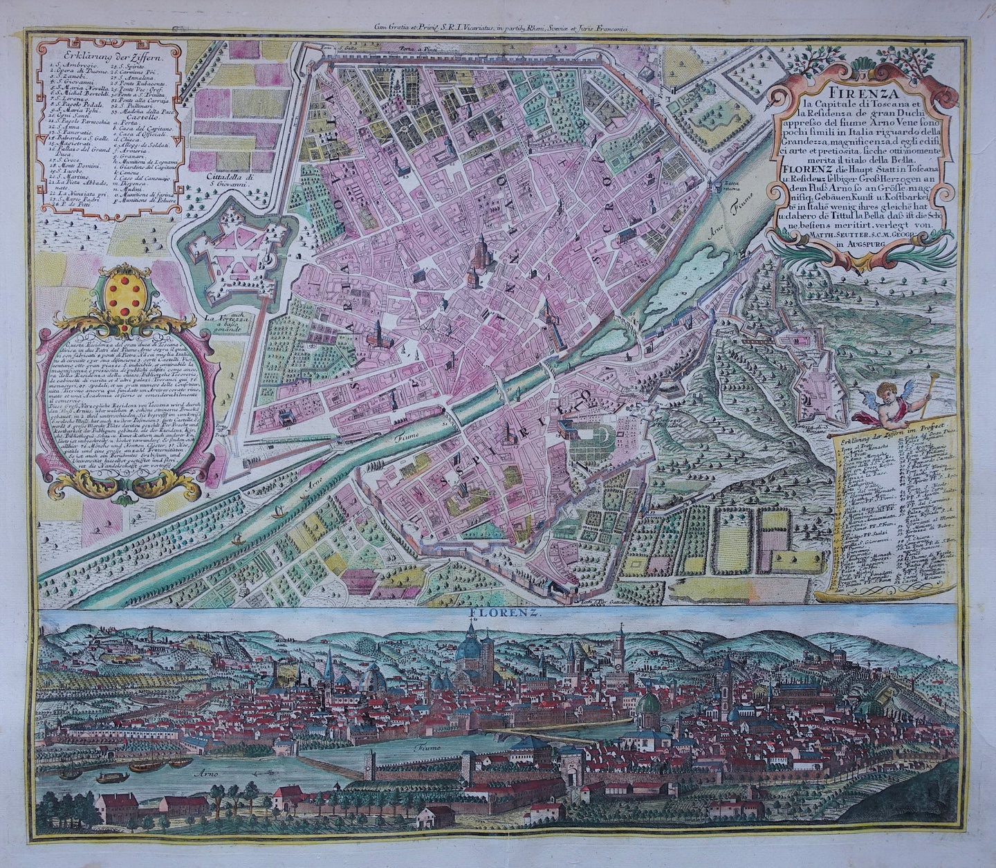 Italië Florence Italy Stadsplattegrond en aanzicht - M Seutter - ca 1730