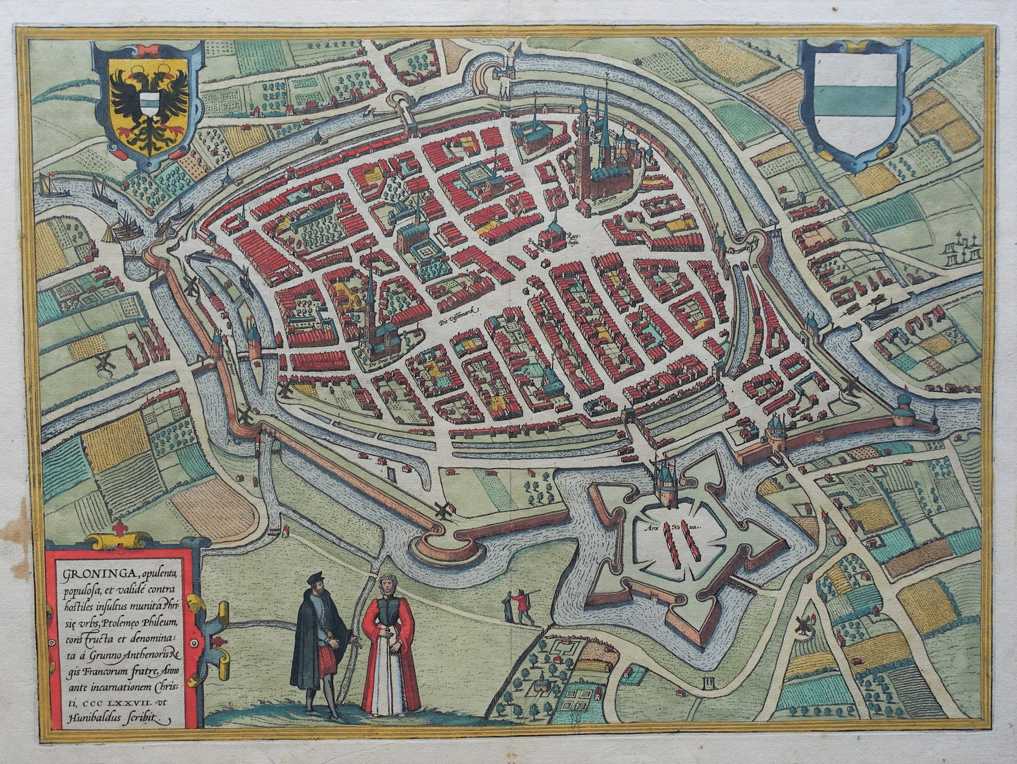 Groningen Stadsplattegrond in vogelvluchtperspectief - G Braun & F Hogenberg - 1582