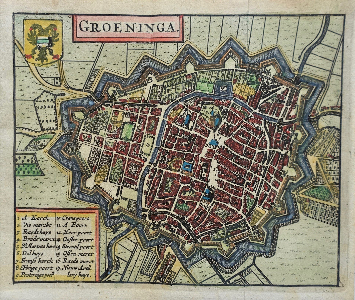 Groningen Stadsplattegrond in vogelvluchtperspectief - WJ Blaeu / L Guicciardini - 1635