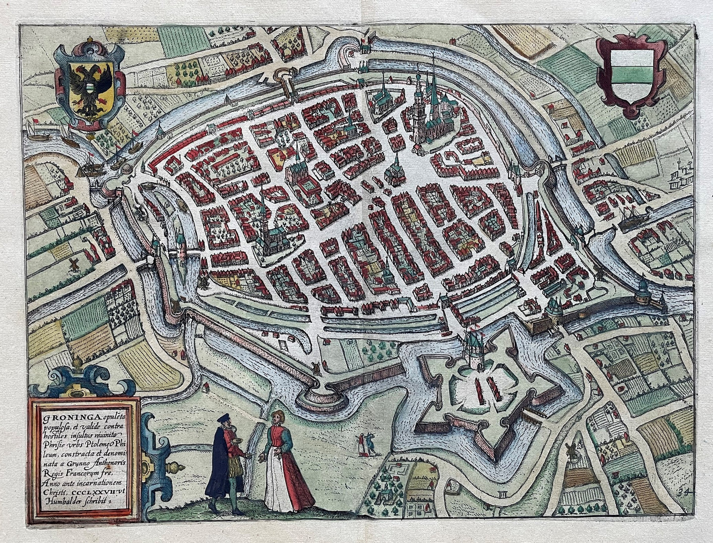 Groningen Stadsplattegrond in vogelvluchtperspectief - WJ Blaeu / L Guicciardini - 1612