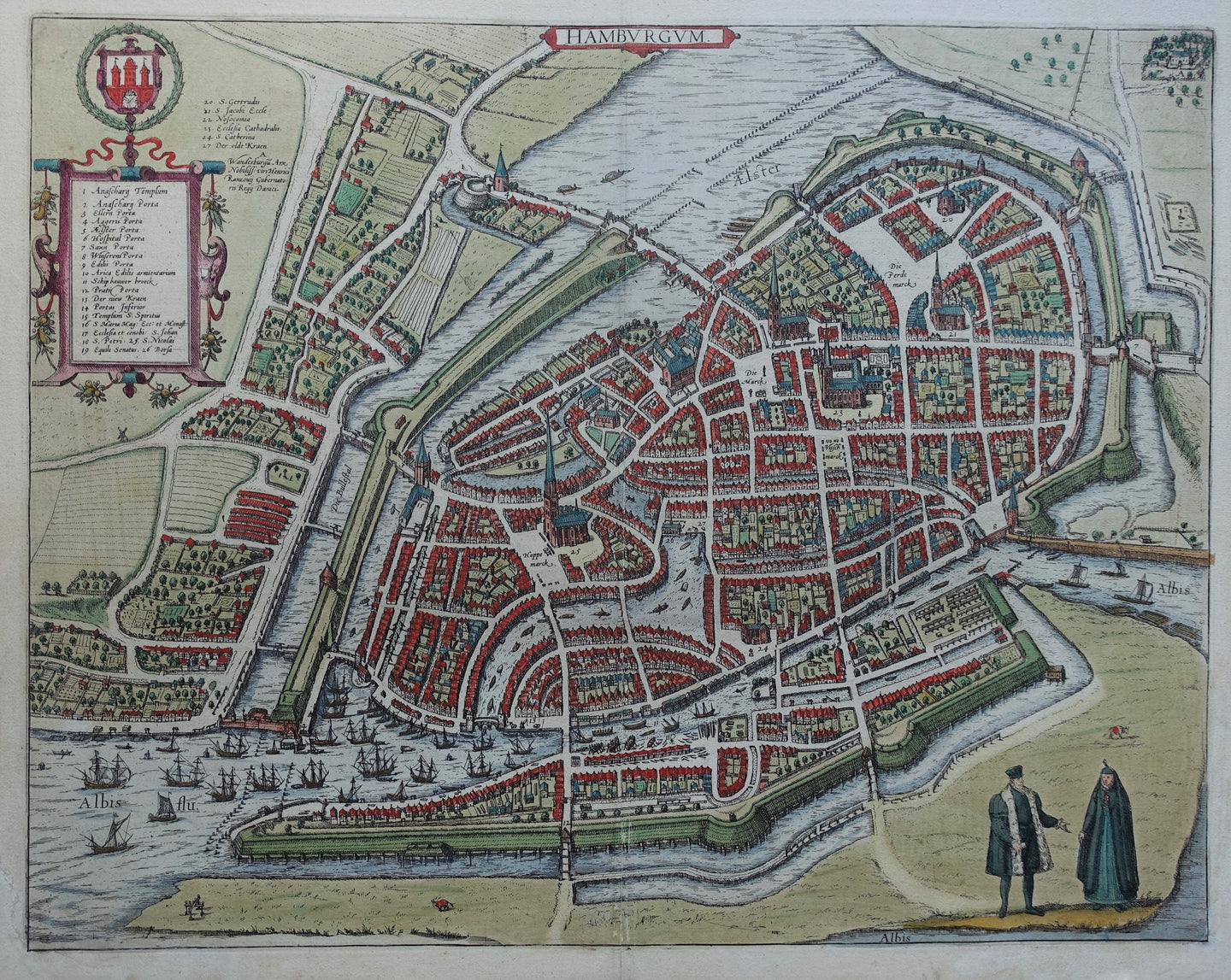 Duitsland Hamburg Stadsplattegrond in vogelvluchtperspectief Germany - G Braun & F Hogenberg / J Janssonius - 1657