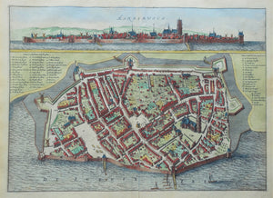Harderwijk Stadsplattegrond in vogelvluchtperspectief en aanzicht - N Geelkercken / J van Biesen - 1654