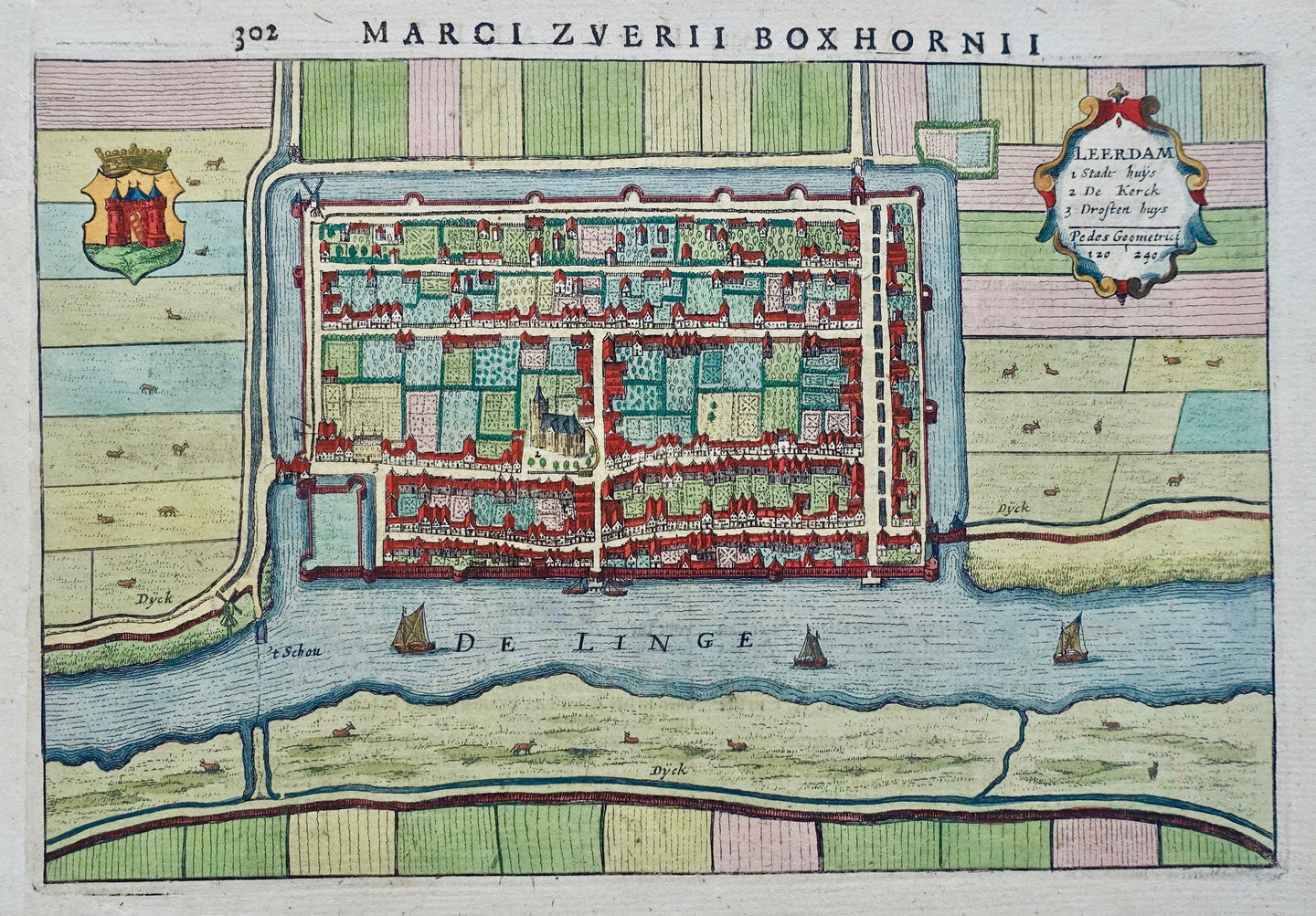 Leerdam Stadsplattegrond in vogelvluchtperspectief - M Boxhorn - 1634