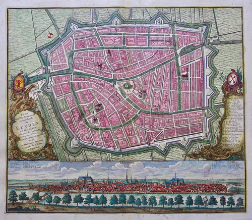Leiden Stadsplattegrond en aanzicht - M Seutter - circa 1740