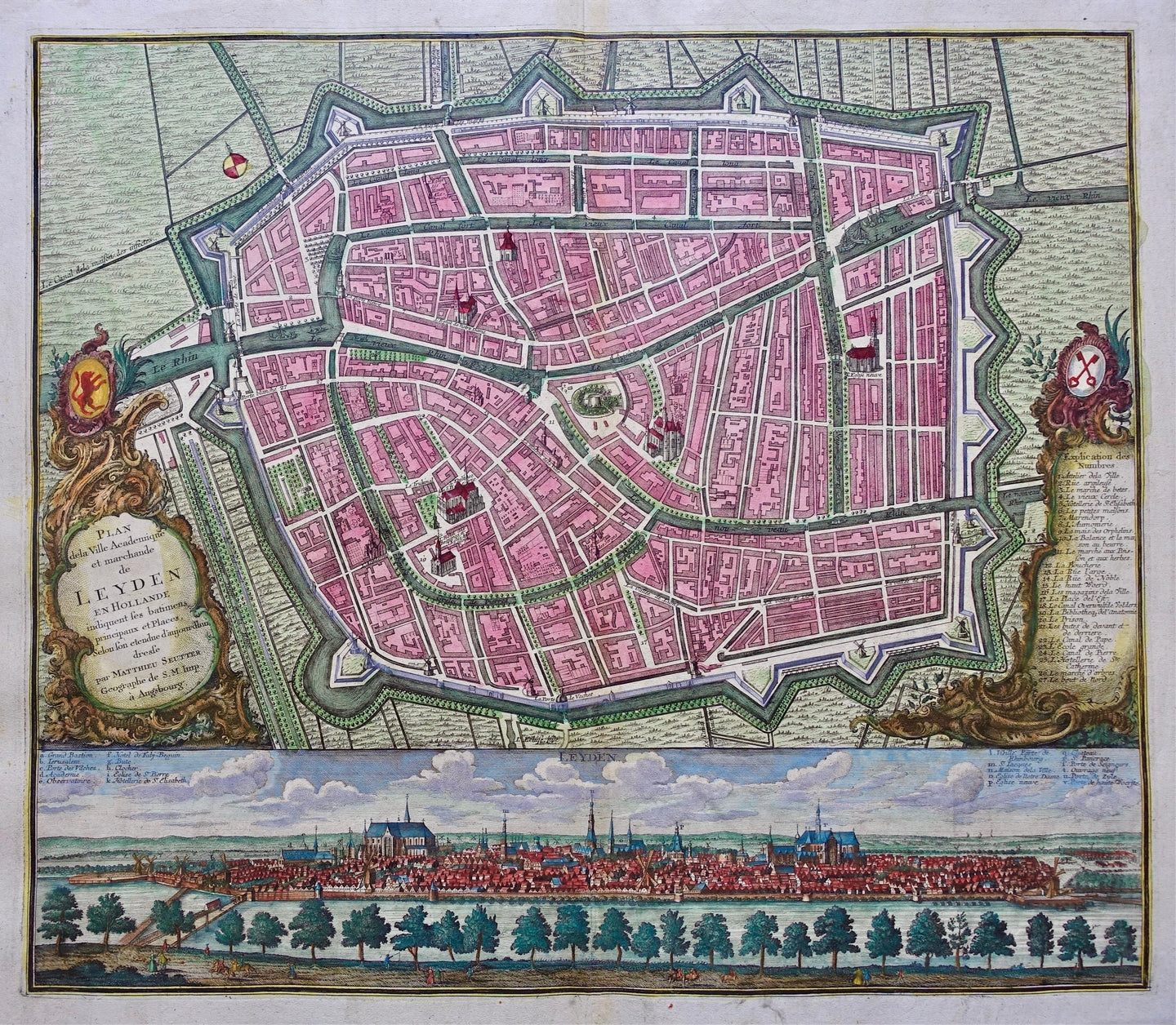 Leiden Stadsplattegrond en aanzicht - M Seutter - circa 1740