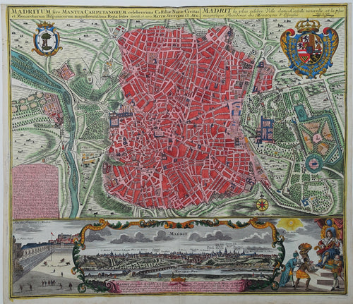 Spanje Spain Madrid Stadsplattegrond en aanzicht - M Seutter - ca 1740