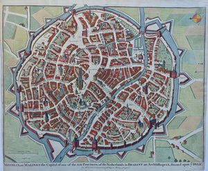 België Mechelen Belgium Stadsplattegrond in vogelvluchtperspectief - Paul de Rapin de Thoyras / Nicolas Tindal - 1746