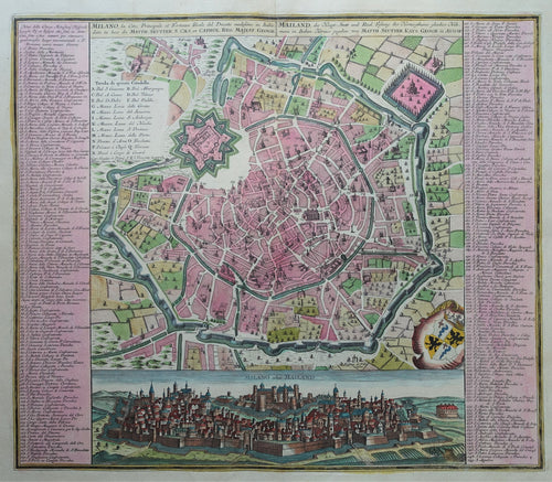 Italië Milaan Italy Milano Stadsplattegrond en aanzicht - M Seutter - ca 1730