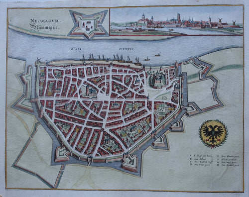 Nijmegen Stadsplattegrond in vogelvluchtperspectief en aanzicht - M Merian - 1646