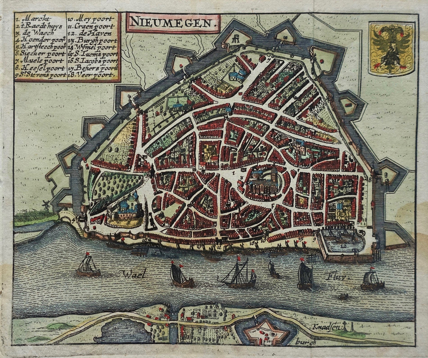 Nijmegen Stadsplattegrond in vogelvluchtperspectief - WJ Blaeu / L Guicciardini - 1635