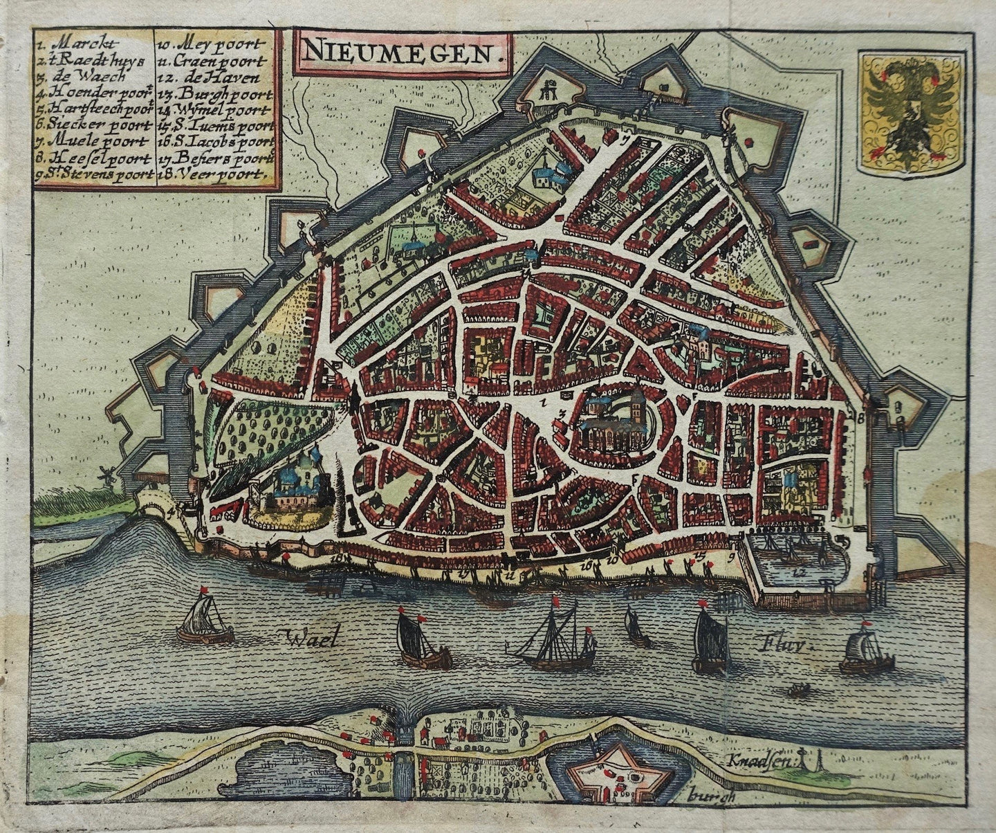 Nijmegen Stadsplattegrond in vogelvluchtperspectief - WJ Blaeu / L Guicciardini - 1635