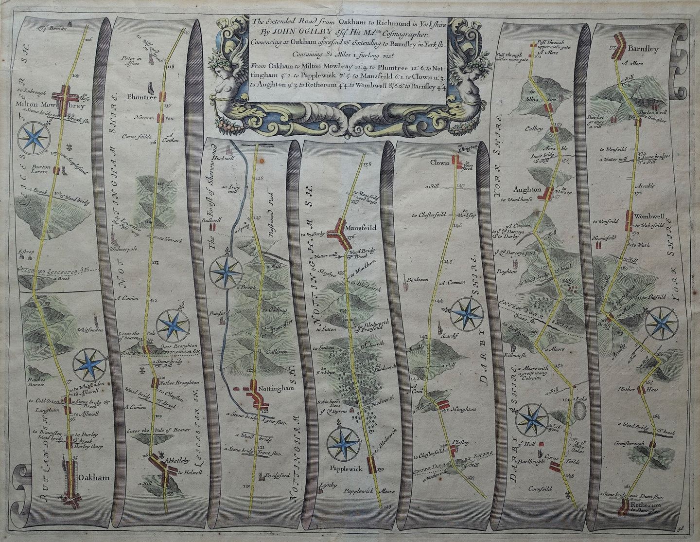 Engeland Roadmap Oakham to Richmond in Yorkshire England British Isles - John Ogilby - 1675