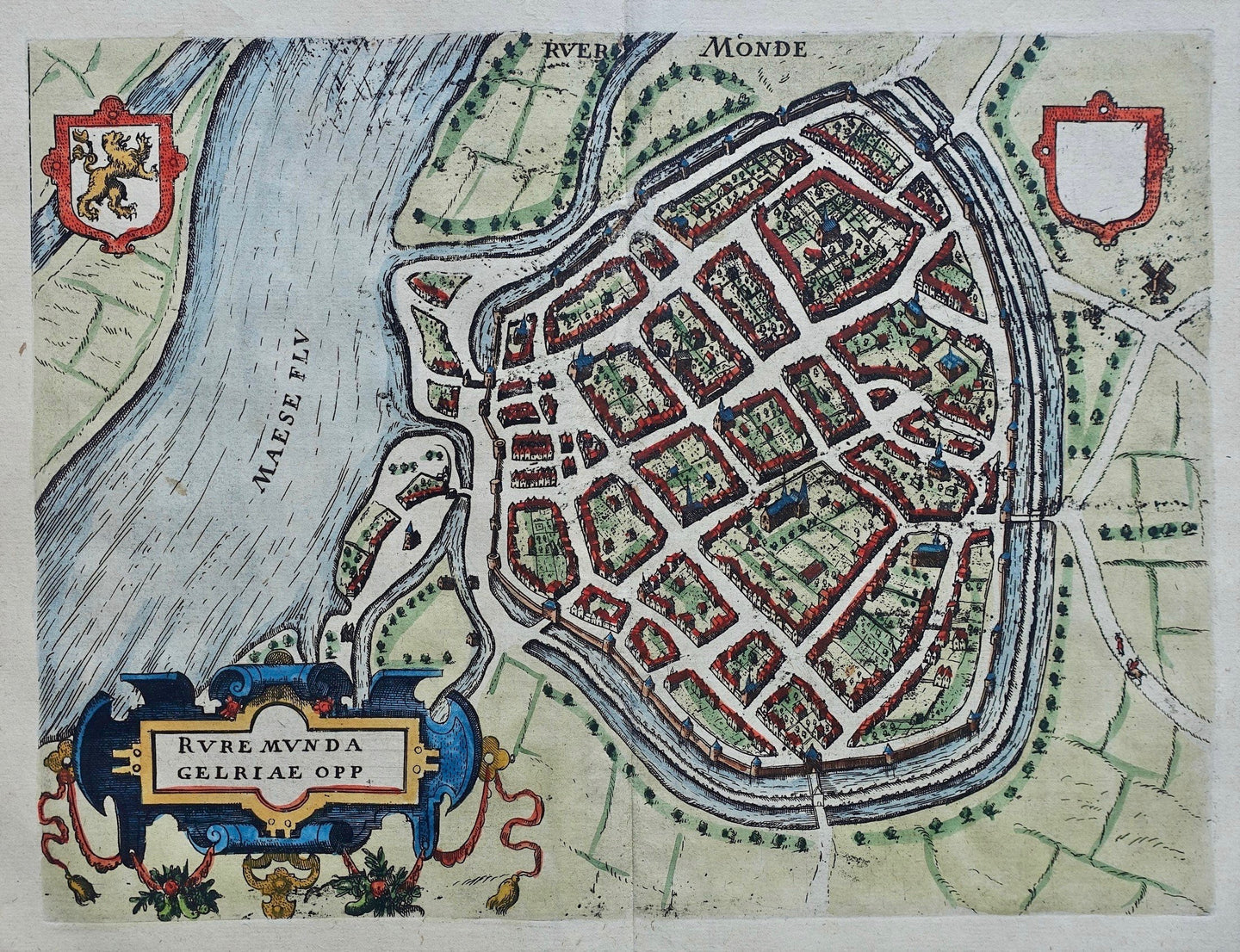Roermond Stadsplattegrond in vogelvluchtperspectief - WJ Blaeu / L Guicciardini - 1613