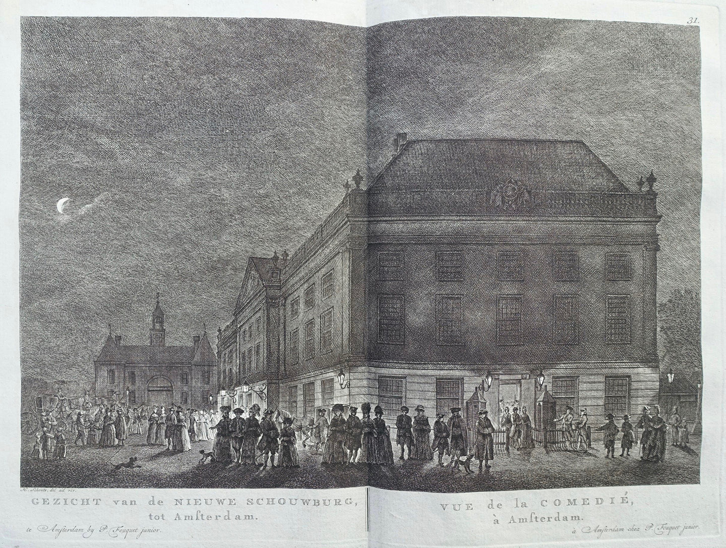 Amsterdam Leidseplein Het uitgaan van de Nieuwe Schouwburg bij avond - P Fouquet - 1783