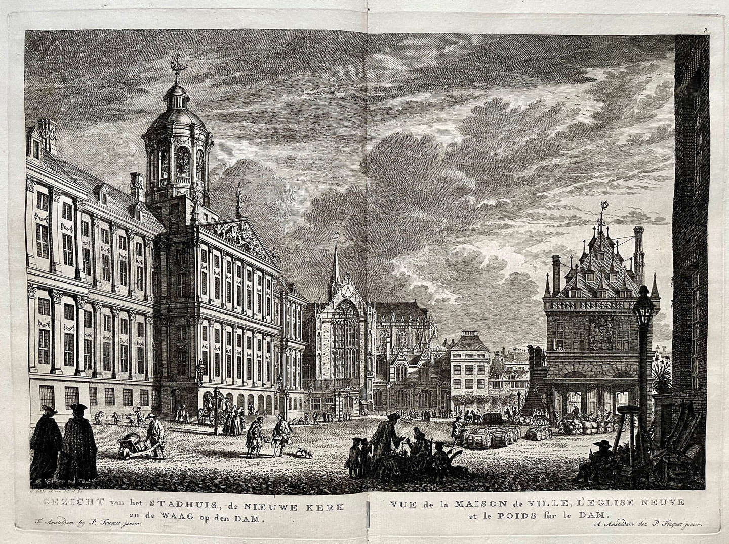 Amsterdam Dam Paleis, Nieuwe Kerk en Waag op de Dam - P Fouquet - 1783