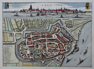 TIEL Stadsplattegrond in vogelvluchtperspectief. Aanzicht - N Geelkercken / J van Biesen - 1654