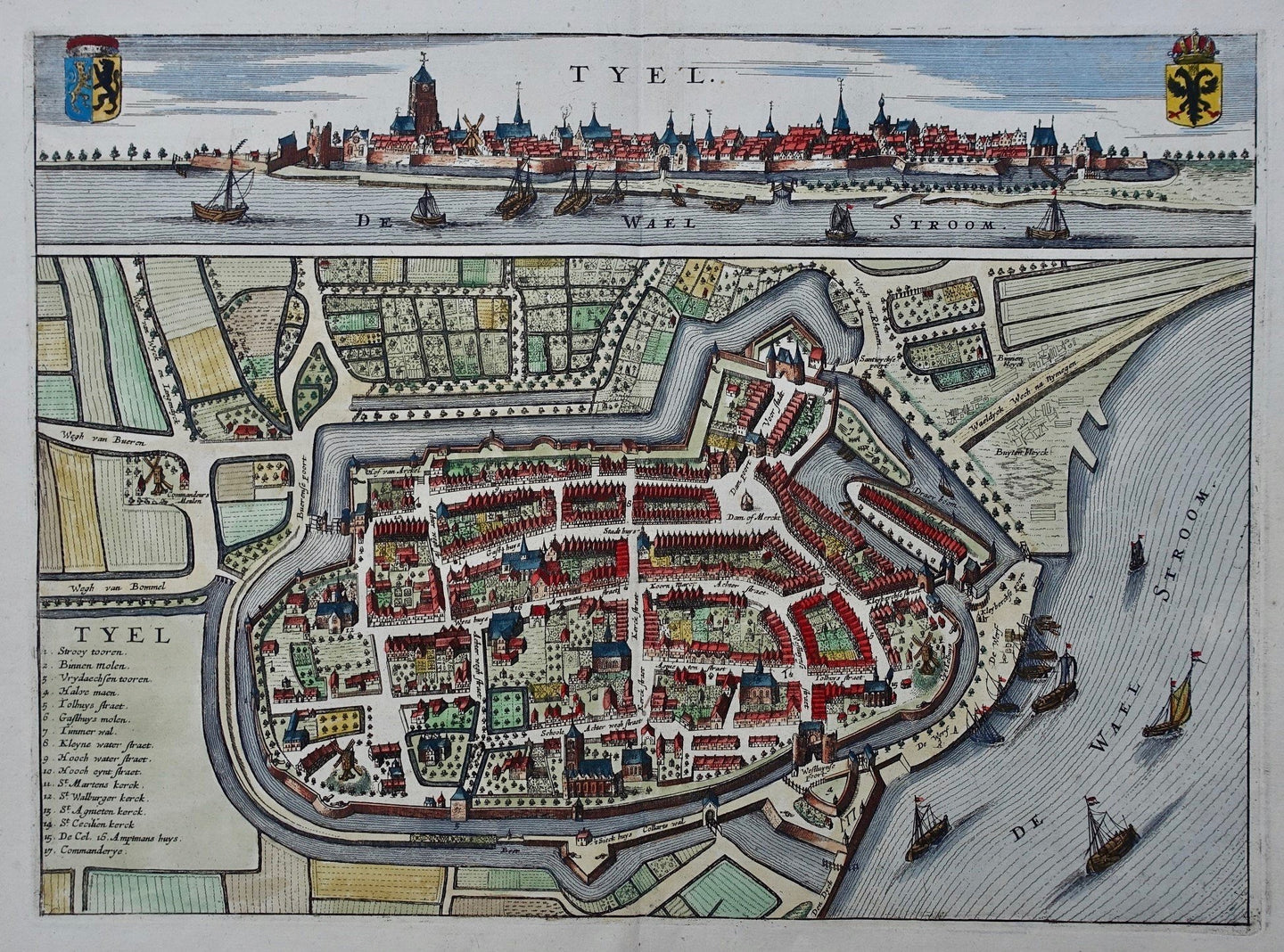 TIEL Stadsplattegrond in vogelvluchtperspectief. Aanzicht - N Geelkercken / J van Biesen - 1654