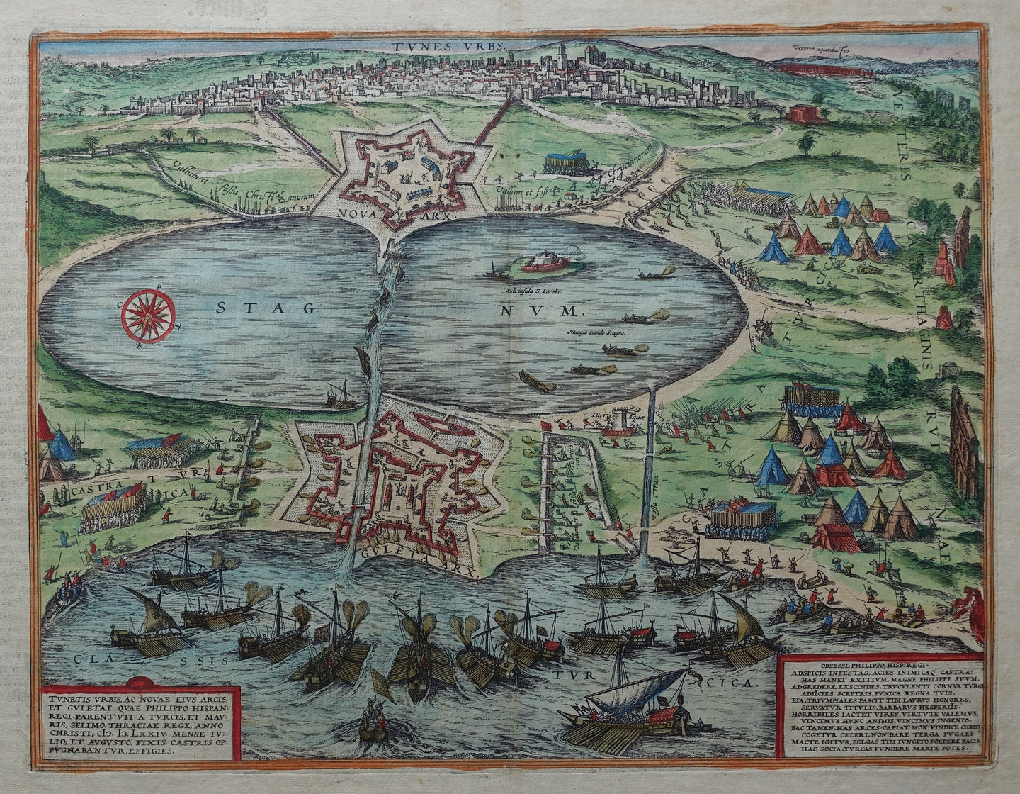 Tunesië Tunis en nabije omgeving Aanzicht in vogelvluchtperspectief - G Braun & F Hogenberg - 1575