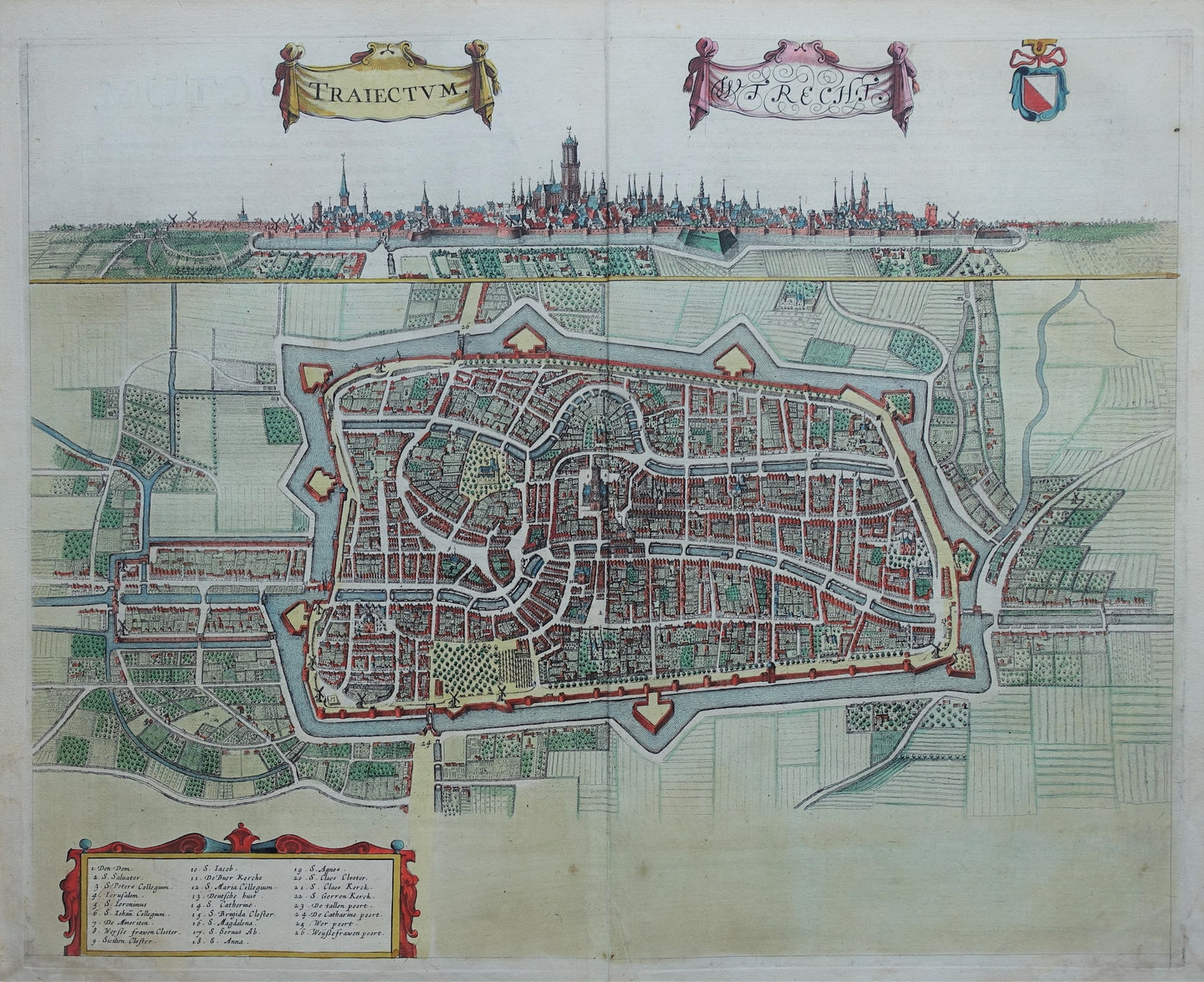 Utrecht - Stadsplattegrond in vogelvluchtperspectief en aanzicht - J Janssonius - 1657