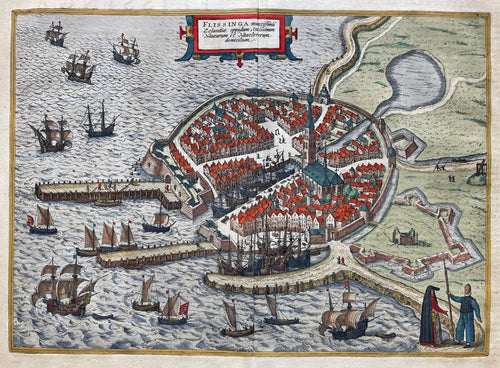 Vlissingen Stadsplattegrond in vogelvluchtperspectief - G Braun & F Hogenberg / J Janssonius - 1657
