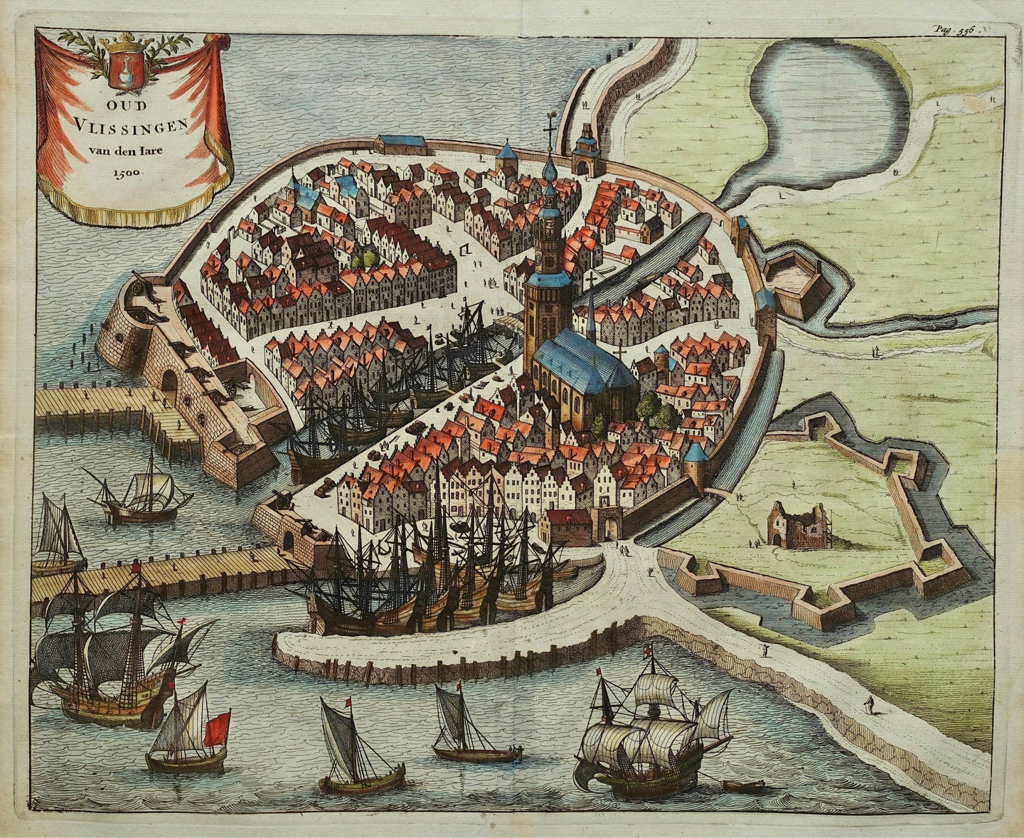 Vlissingen Stadsplattegrond in vogelvluchtperspectief - M Smallegange - 1696