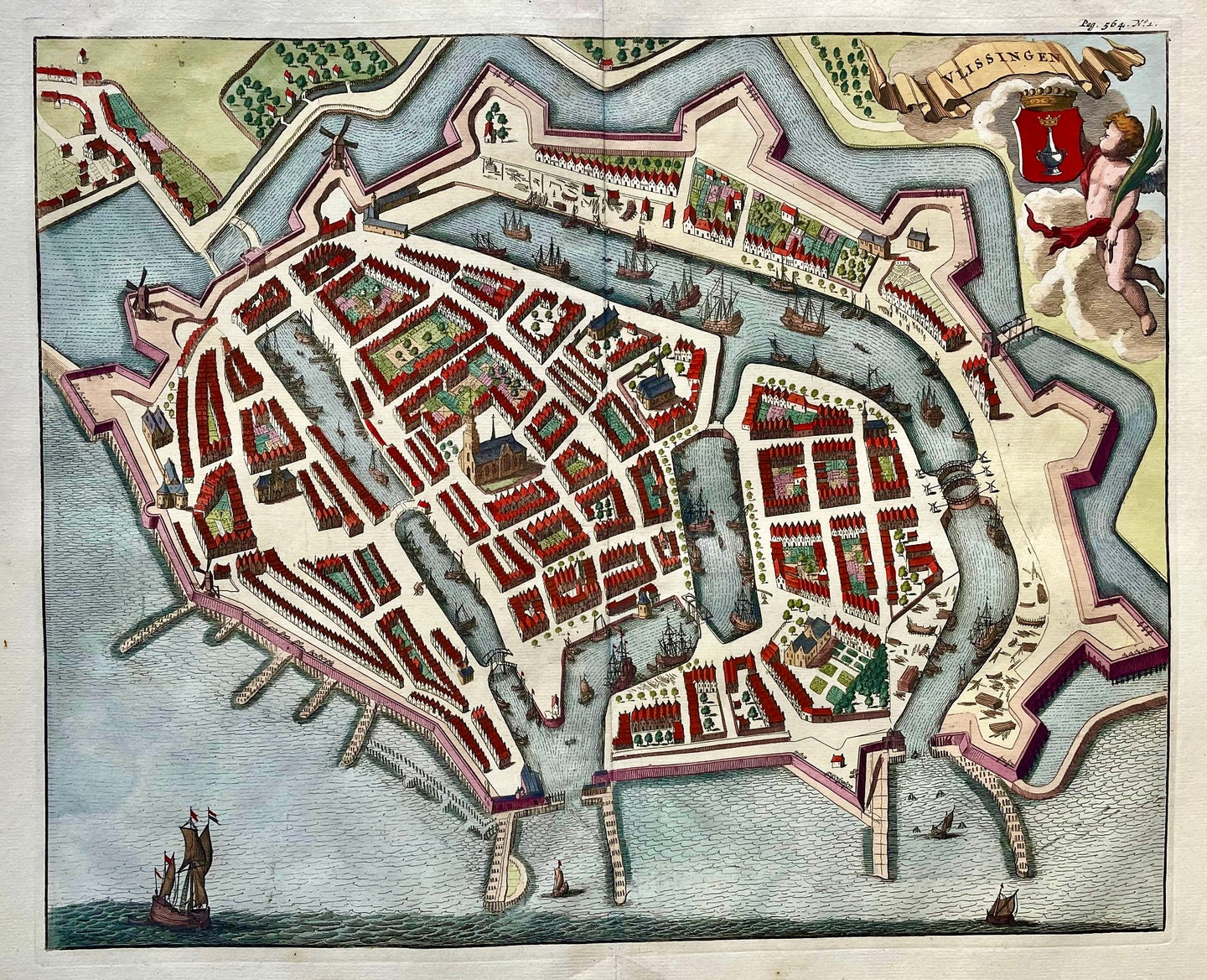 Vlissingen Stadsplattegrond in vogelvluchtperspectief - M Smallegange - 1696