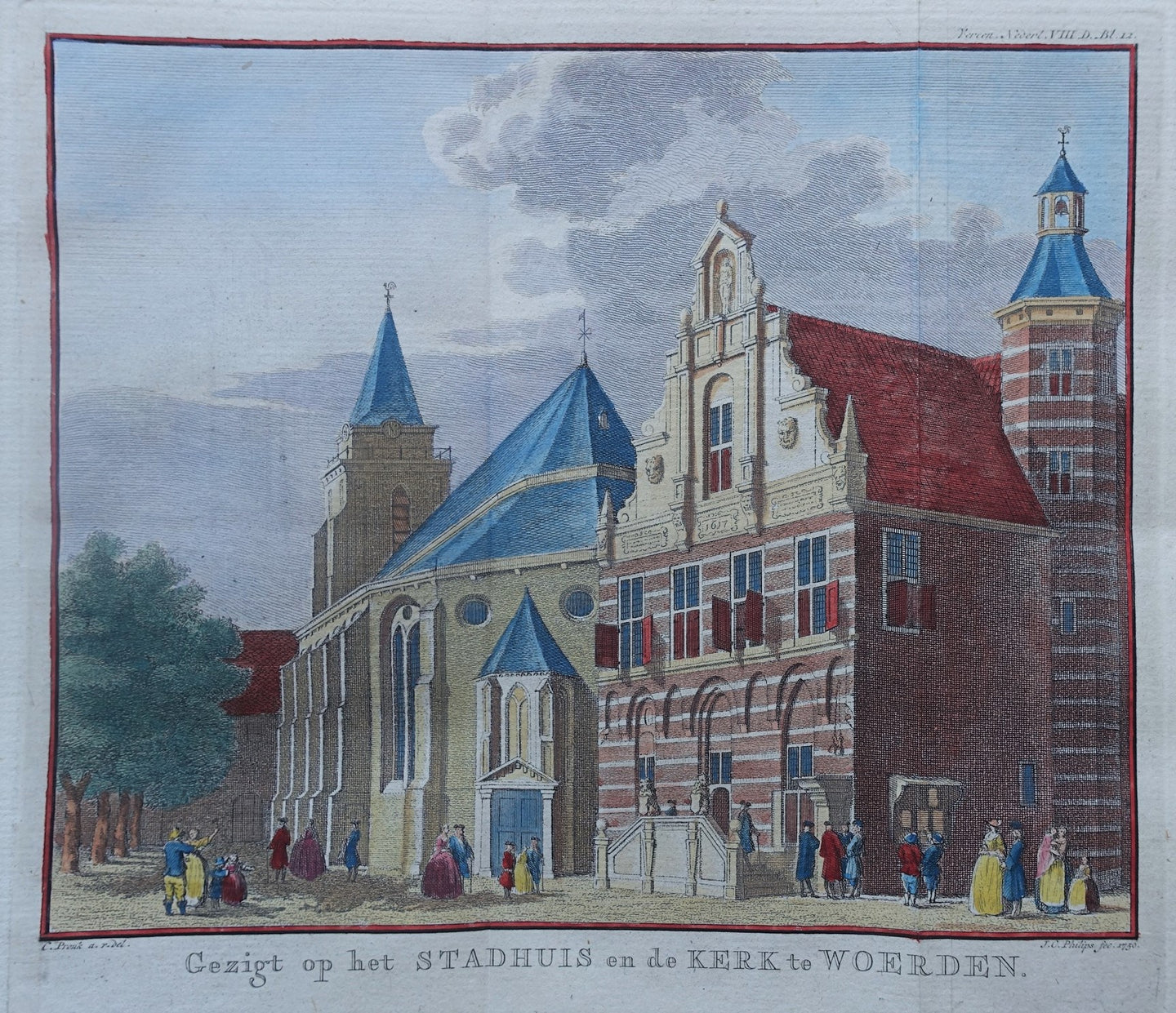 Woerden Stadhuis en kerk - JC Philips - 1750