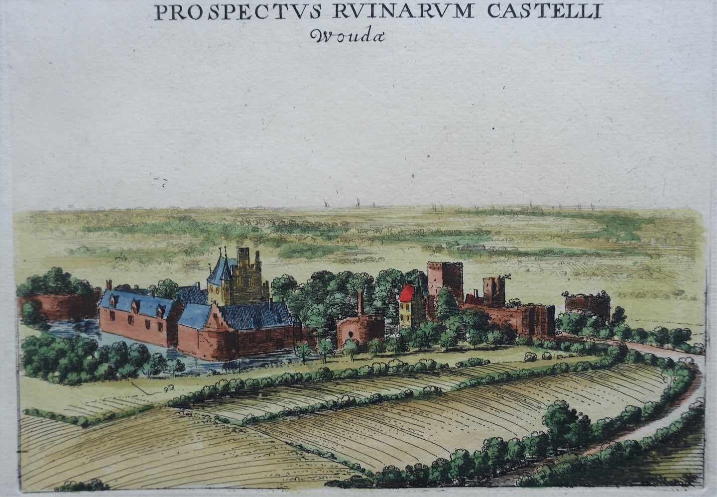 Wouw Kasteel aanzicht in vogelvlucht - J le Roy - 1730